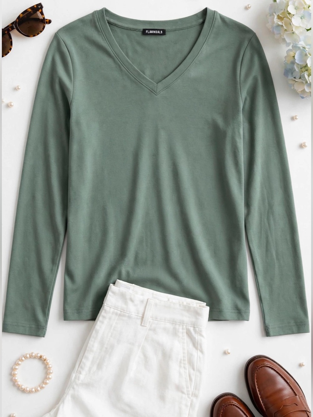 FLAXINGALS Sage Green V-Neck Long Sleeve Tee